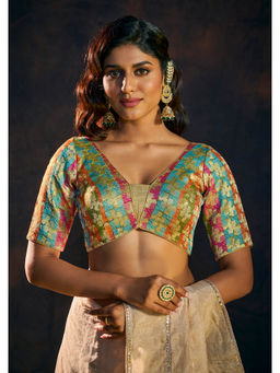 SALWAR STUDIO - Multicolor Woven Brocade Saree Stitched Blouse