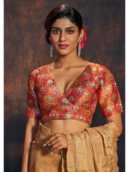 SALWAR STUDIO - Red Motif Woven Brocade Stitched Blouse