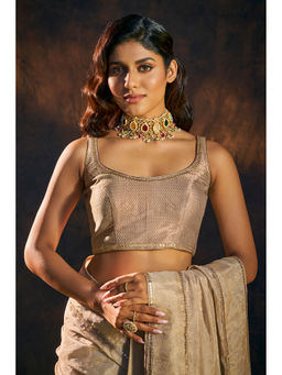 SALWAR STUDIO - Beige Banarasi Brocade Sleeveless Readymade Saree Stitched Blouse