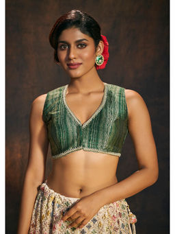 SALWAR STUDIO - Green Sleeveless Banarasi Brocade Readymade Stitched Blouse