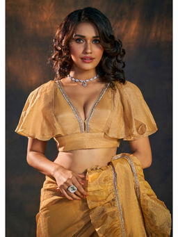 SALWAR STUDIO - Gold Deep Plunging Neck Ruffle Sleeves Stitched Blouse