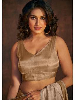 SALWAR STUDIO - Womens Beige Tissue Sleeveless Stitched Blouse