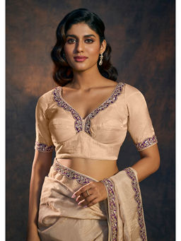 SALWAR STUDIO - Beige Tissue V Neck Stitched Blouse with Lace Neck