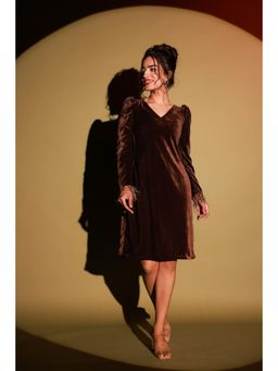 Bee Boldd - Brown Feather Sleeve Velvet Mini Dress