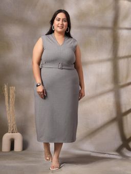 KASSUALLY - Ribbed Sheath Midi Dress with Belt (Set of 2)