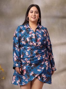 KASSUALLY - Printed Shirt Collar Cuffed Sleeves Wrap Dress