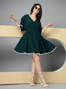 KASSUALLY - Green V-Neck Pleated Fit and Flare Dress with Lace