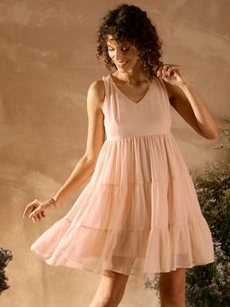 KASSUALLY - Womens Peach Solid Fit And Flare Tier Mini Dress (Set of 2)