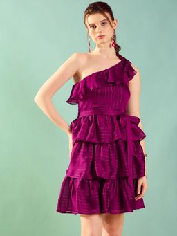 KASSUALLY - Womens Purple One Shoulder Tiered Ruffle Mini Dress (Set of 2)