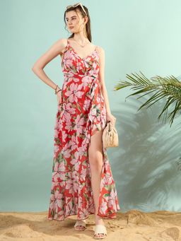 KASSUALLY - Womens Red Floral Printed Maxi Dress