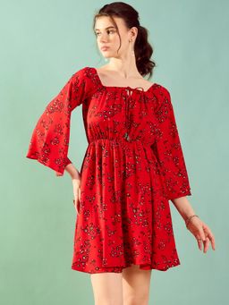 KASSUALLY - Womens Red Floral Off-Shoulder Mini Dress
