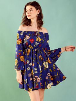 KASSUALLY - Womens Cobalt Blue Floral Off-Shoulder Mini Dress