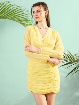 KASSUALLY - Womens Yellow Bodycon Ruched Mini Dress