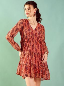 KASSUALLY - Womens Orange Paisley Print A Line Tiered Mini Dress