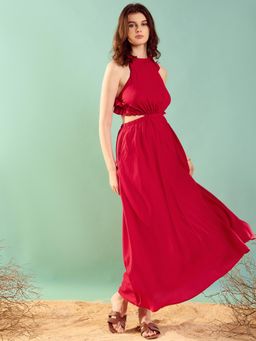 KASSUALLY - Womens Red Resort Chic Halter Neck With Ruffle Detailing Back Knot Maxi Dress