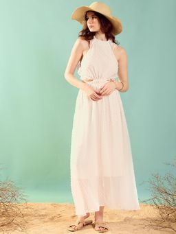 KASSUALLY - Womens White Resort Chic Halter Neck With Ruffle Detailing Back Knot Maxi Dress