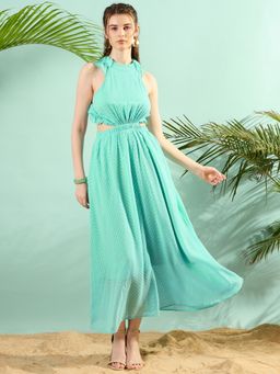 KASSUALLY - Womens Turquoise Resort Chic Halter Neck With Ruffle Detailing Back Knot Maxi Dress