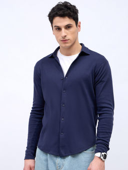 Styli - Men Solid Relaxed Fit Knit Shirt Navy Blue
