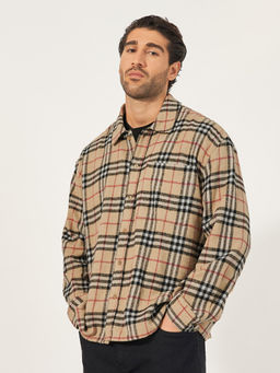 Styli - Men Heritage Brushed Flannel Checkered Oversized Shirt Beige