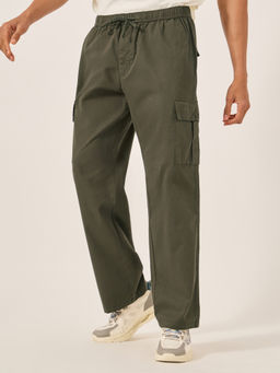 Styli - Men Oversize Cotton Woven Cargos Olive
