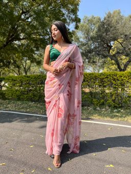 Odette - Pink Chiffon Silk Saree with Unstitched Blouse