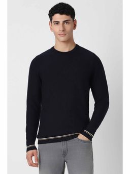 Van Heusen - Men Navy Blue Textured Crew Neck Sweater
