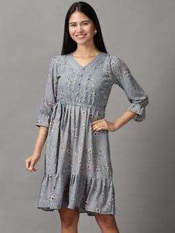 SHOWOFFFF - Womens Fit And Flare Grey Printed Dress