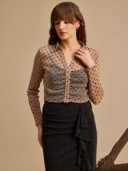 Kazo - Beige Dottie Polka Party Top