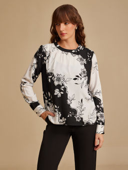 Kazo - White & Black Floral Printed Top