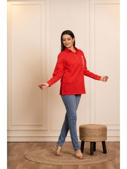 POMCHA - Sukoon Peacock Motif Red Tunic Top