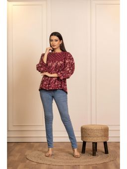 POMCHA - Sukoon Cotton Wine Floral Tunic Top