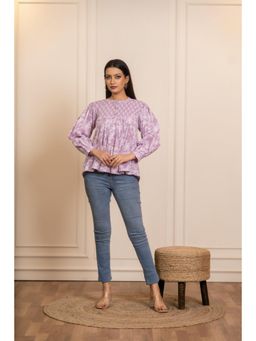 POMCHA - Sukoon Cotton Lilac Floral Flowy Top