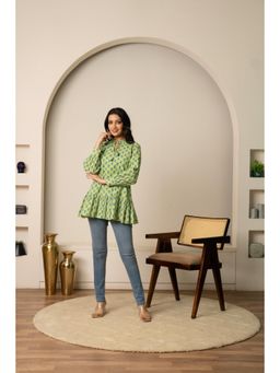 POMCHA - Sukoon Green Boho Floral Tie-Front Cotton Hand Block Tunic