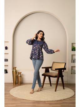 POMCHA - Sukoon Navy Blue Bloom Cotton Hand Block Top