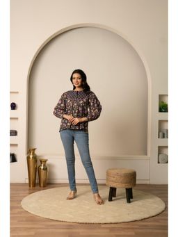 POMCHA - Sukoon Dark Grey Floral Boho Cotton Hand Block Tunic Top