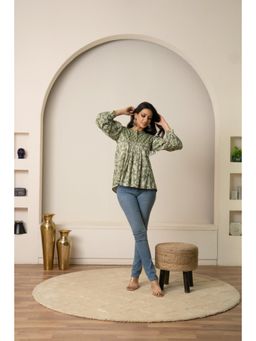 POMCHA - Sukoon Olive Boho Button-Up Hand Block Top