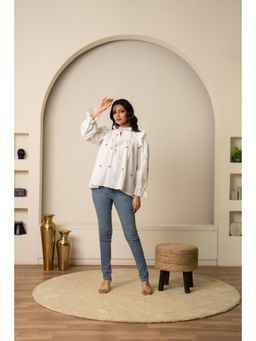 POMCHA - Sukoon White Tie-Front Embroidery Cotton Top