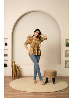POMCHA - Sukoon Ochre Hand Block Cotton Bloom Tunic Top