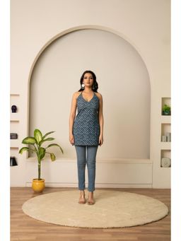 POMCHA - Sukoon Chic Indigo Blue Sleeveless Cotton Hand Block Tunic Top