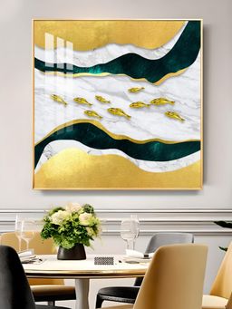 The Next Decor - Golden Abstraction Of Fishes Glass Finish Square Wall Art
