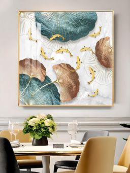 The Next Decor - Opulent Blue Gold Flora Glass Finish Square Wall Art