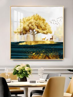 The Next Decor - Golden Tree and Deer Glass Finish Square Wall Art