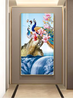 The Next Decor - Peacock Amidst Floral Waters Glass Finish Vertical Wall Art