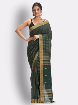 Angoshobha - Dark Green Handloom Traditional Cotton Tangail Saree with Unstitched Blouse