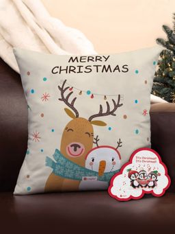 Indigifts - Micro Satin Merry Christmas Printed White Cushion Cover with Filler (12x12 inches)