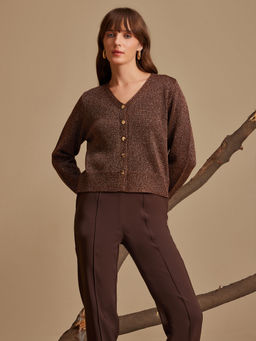 Kazo - Brown Lurex Brown Yarn Cardigan