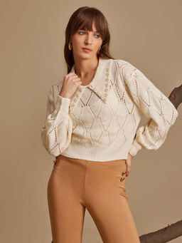 Kazo - Beige Cropped - Textured Pullover with Collar and Embellishment