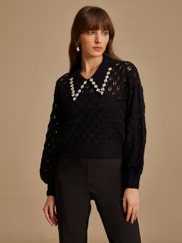 Kazo - Black Cropped - Textured Pullover with Collar and Embellishment