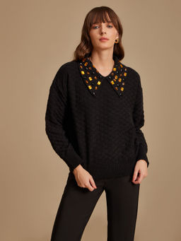 Kazo - Black Textured Pullover with Collar and Embellishment