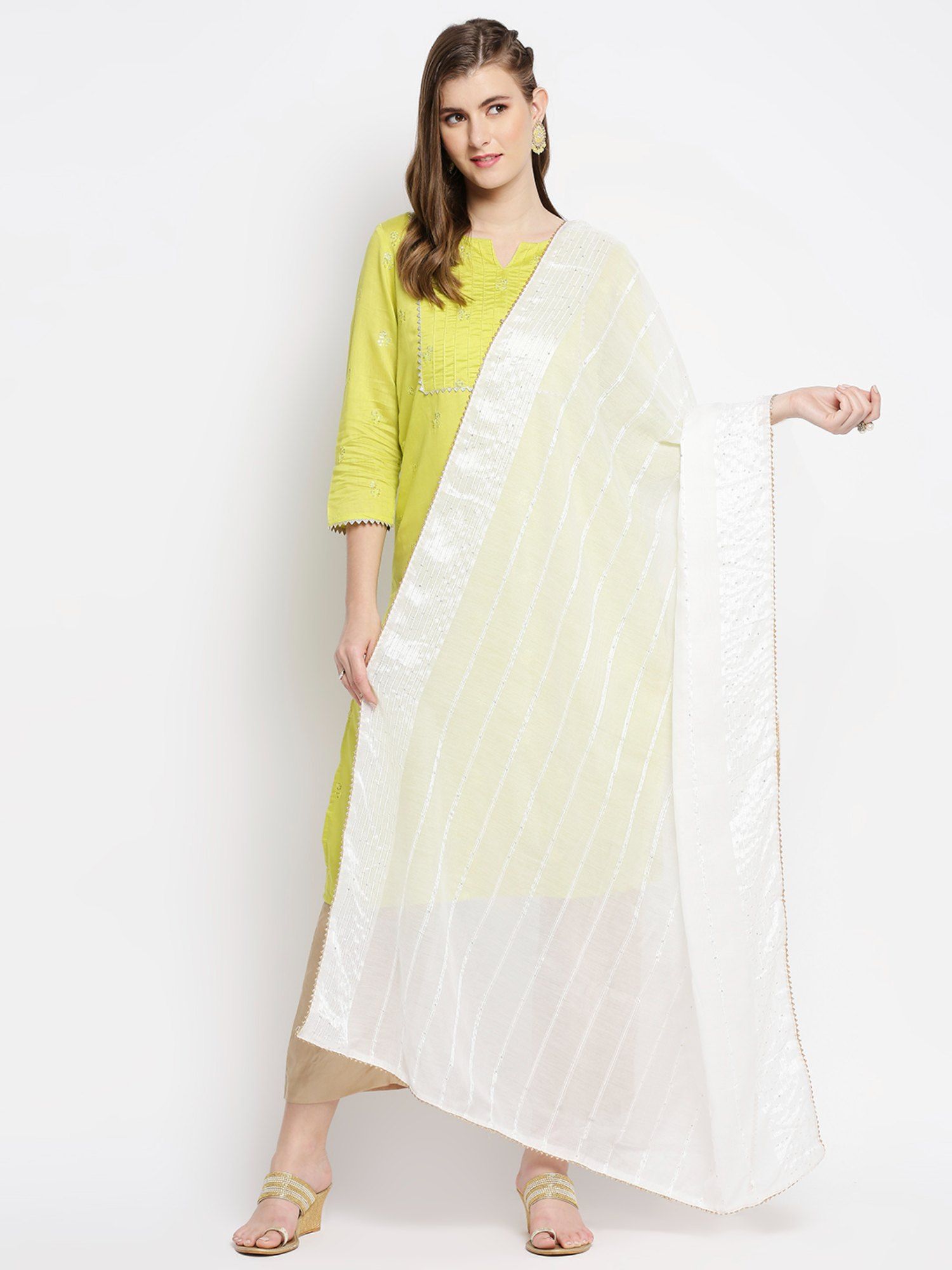 dupatta bazaar Womens White Cotton Chanderi Dupatta with Sequins Weaving-picture-34